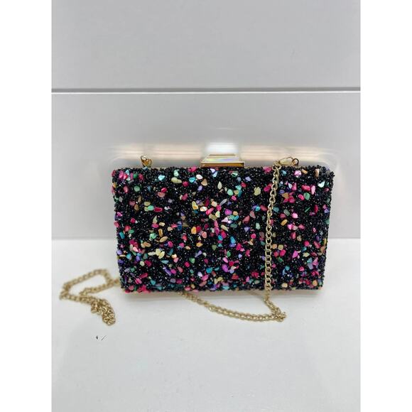 Nina Clutch Black Multi-Color Pebble Rhinestone Gold Chain Prom Party Evening - Picture 1 of 5
